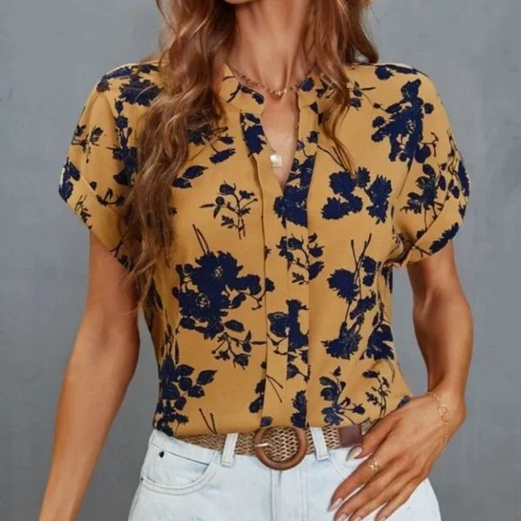 Boho Floral Pattern Notched Neck short sleeve Blouse top Carmel / Blue - Picture 1 of 7
